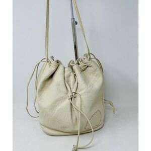CARLOS FALCHI Drawstring Bucket Shoulder Bag‎ Off-White Leather 10"t x 12"w